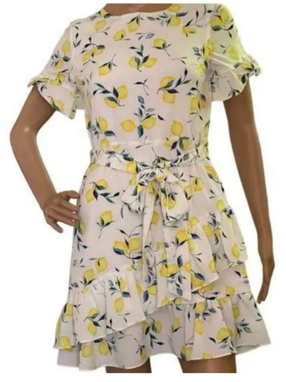 Banana Republic Lemon Print Crewneck Flounce Sleeve Fit Flare Dress Size 4